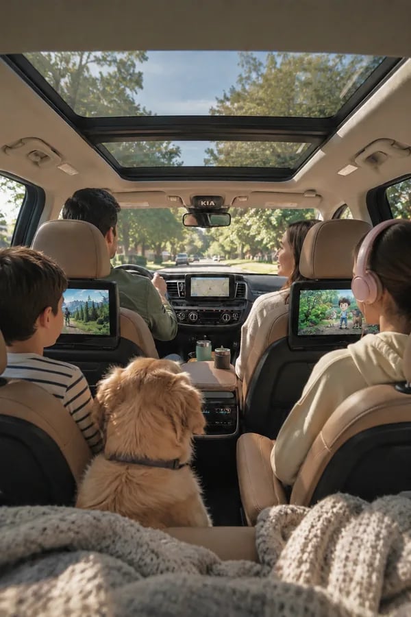 A family and their dog in the back of a three-row SUV