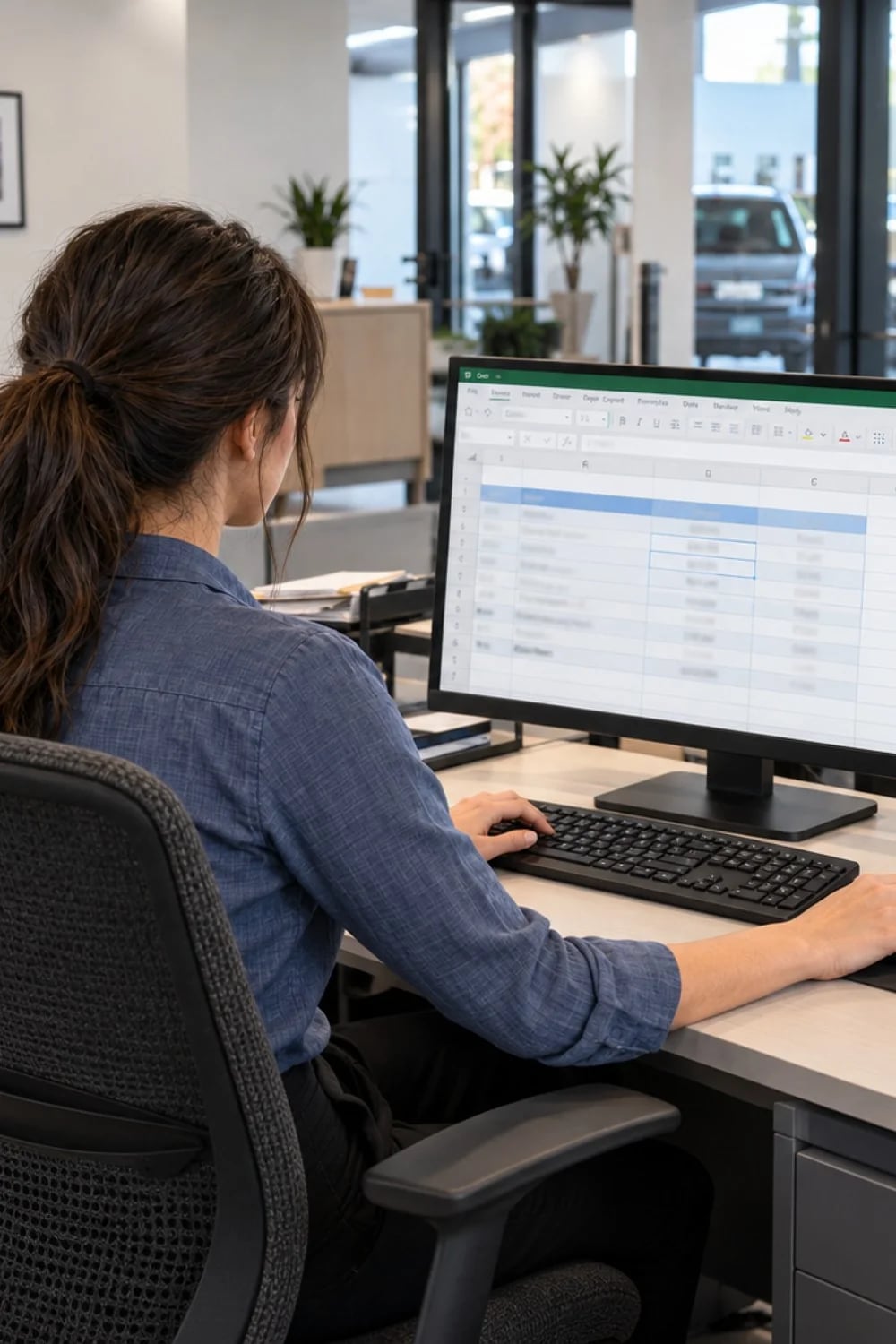 A woman at a dealership office desk works through a spreadsheet, cars parked beyond the glass