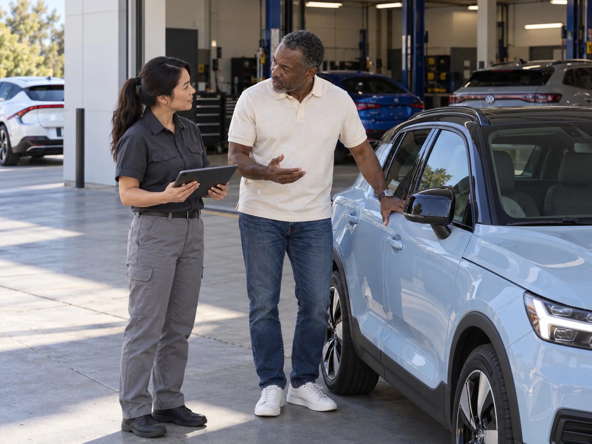 An Ever technician walks a shopper through a report on a tablet beside a blue EV