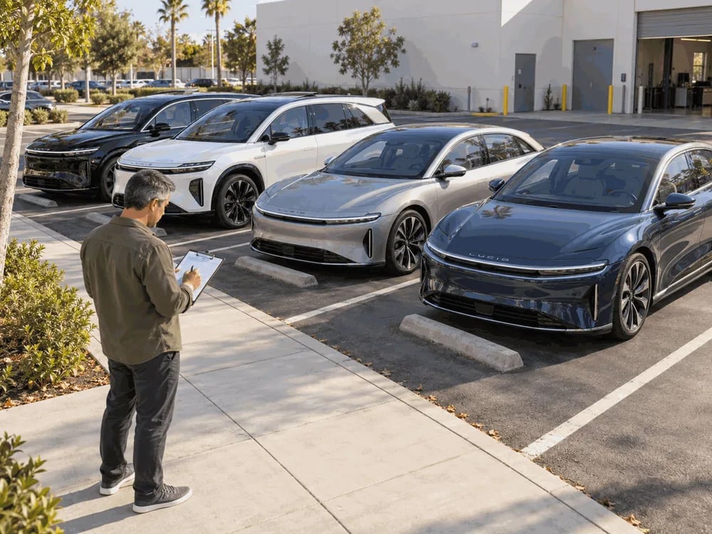 A man with a clipboard checks a row of electric SUVs and sedans parked outside a service bay