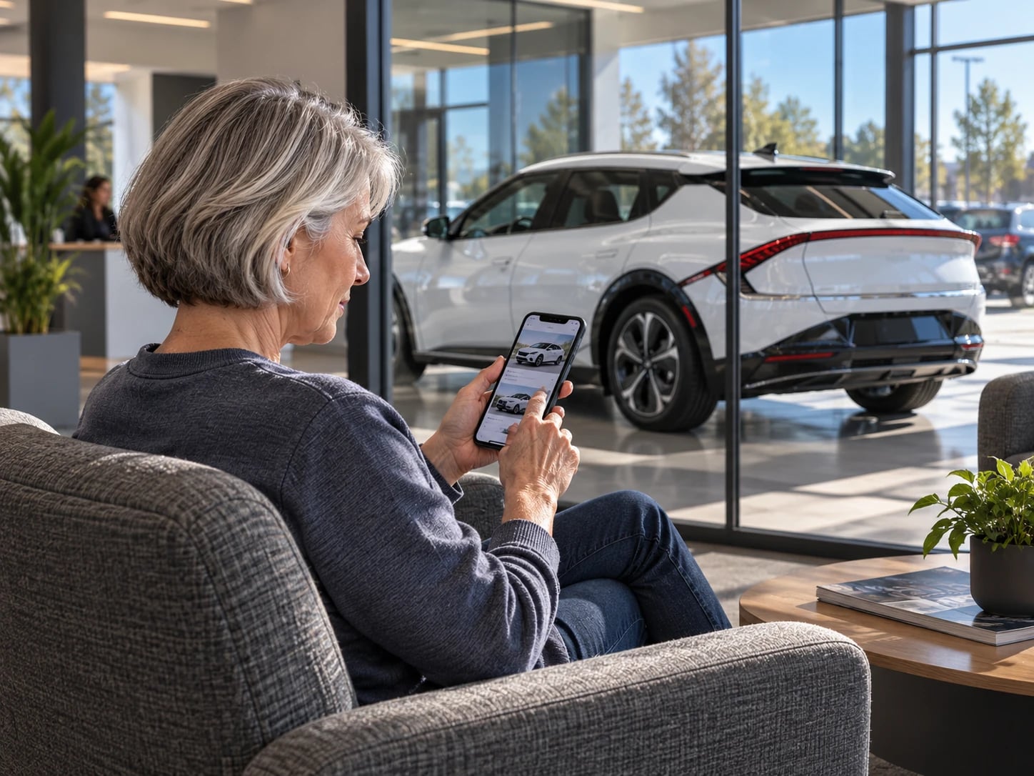 A customer in a showroom lounge chair browsing EVs on a phone, a white EV behind the glass