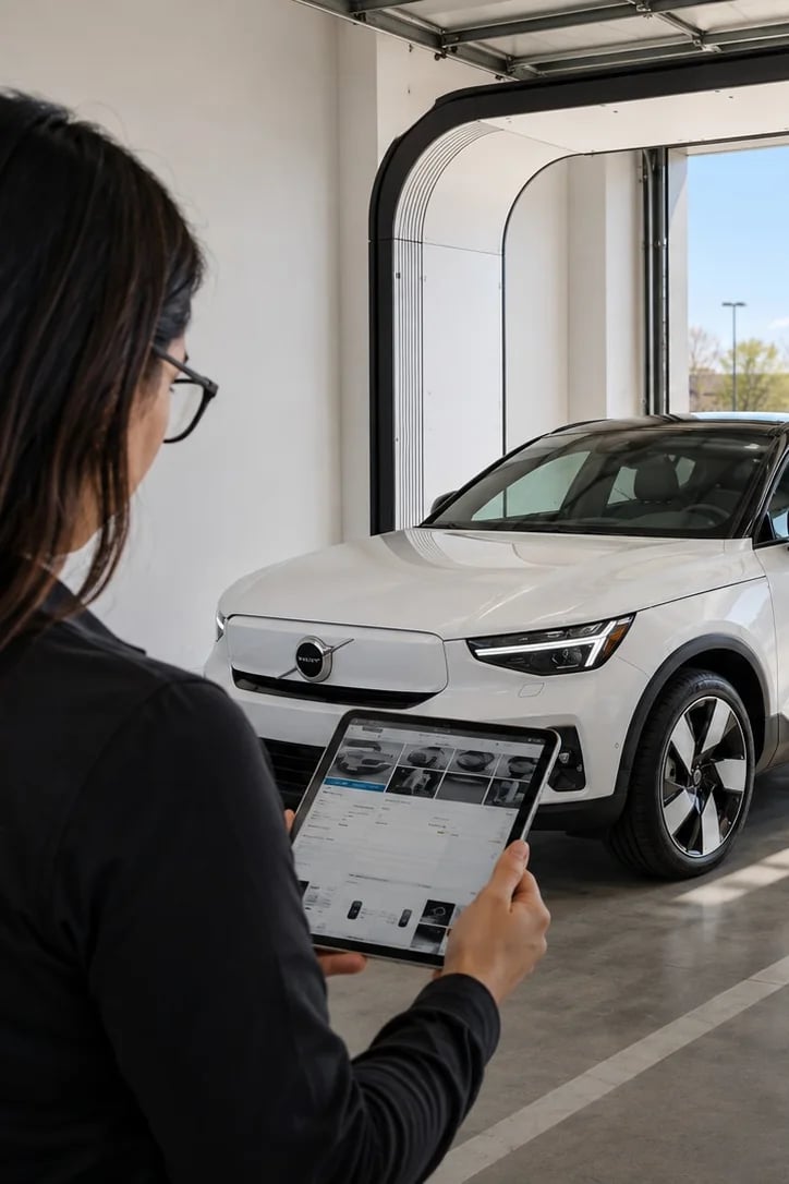 A shopper reads a report on a tablet beside a white EV in a scan bay