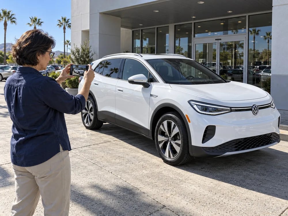 A woman photographs a white electric SUV with her phone outside a dealership