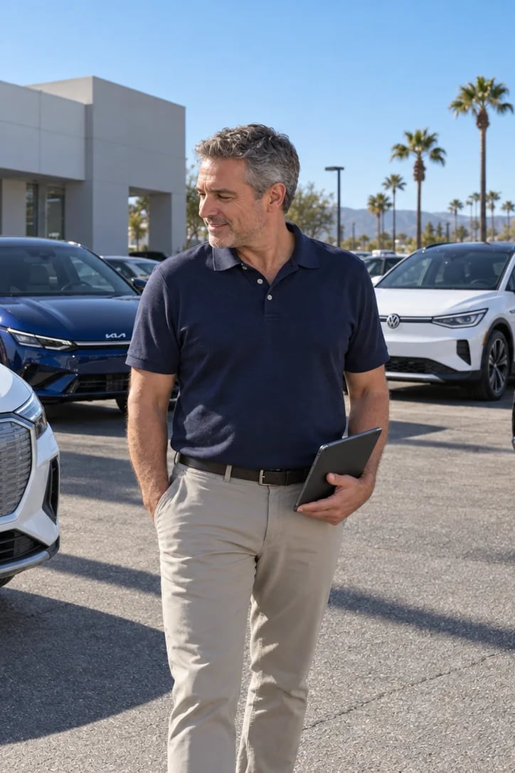 A dealer in a navy polo walks a sunny lot with a tablet, electric SUVs parked behind him