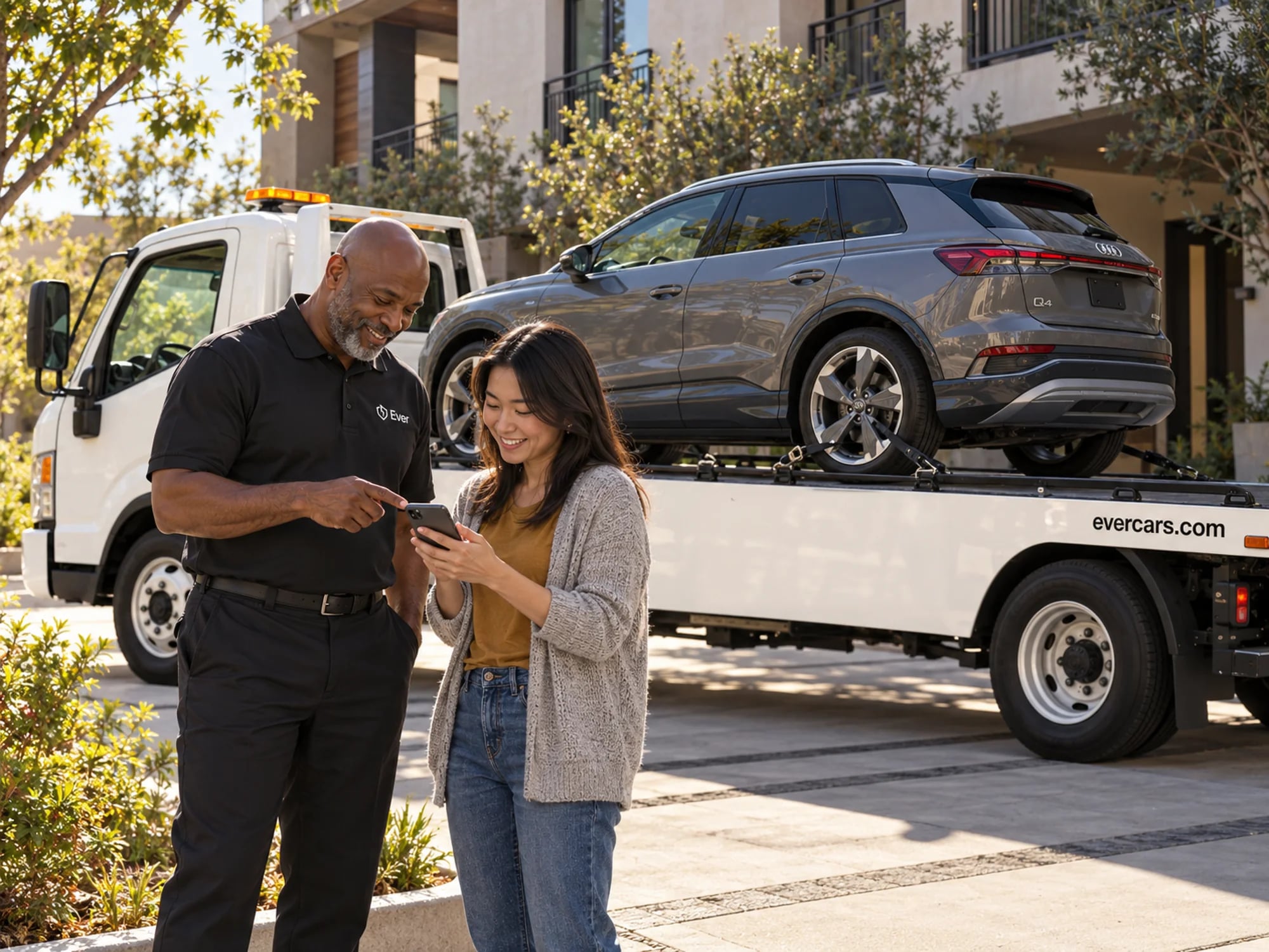An Ever driver and a seller looking at a phone, the Ever flatbed carrying a grey EV behind them