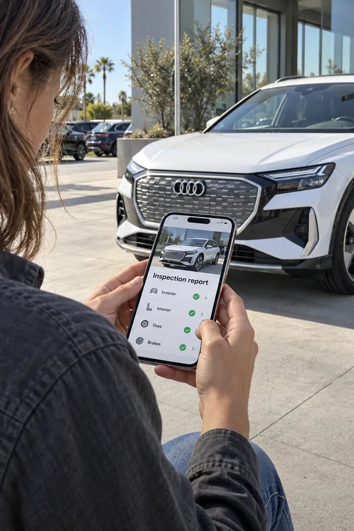 A shopper reads an inspection report on a phone in front of a white EV