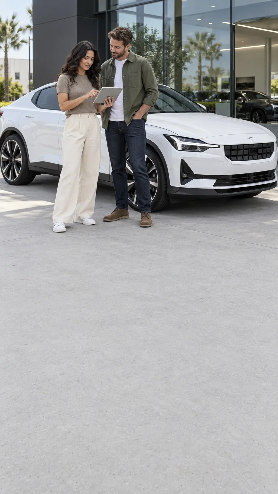 A woman and a man reading a tablet beside a white Polestar 2 outside a glass showroom, seen across a sunlit forecourt