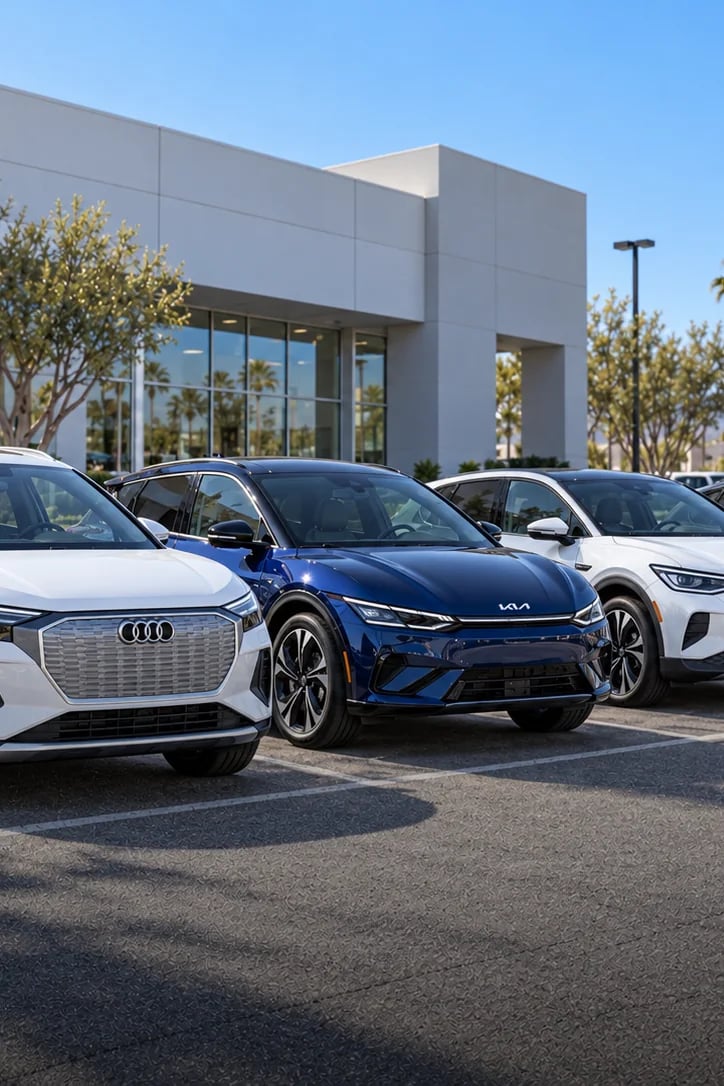 A white SUV, a blue electric crossover and a white EV parked in a row outside a dealership