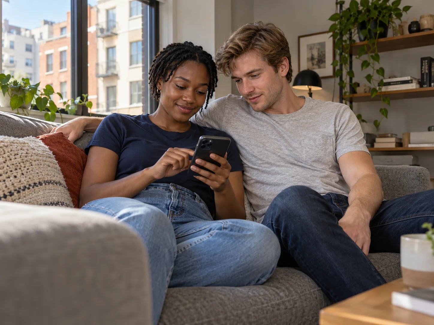 A couple on their couch at home, looking at a phone together