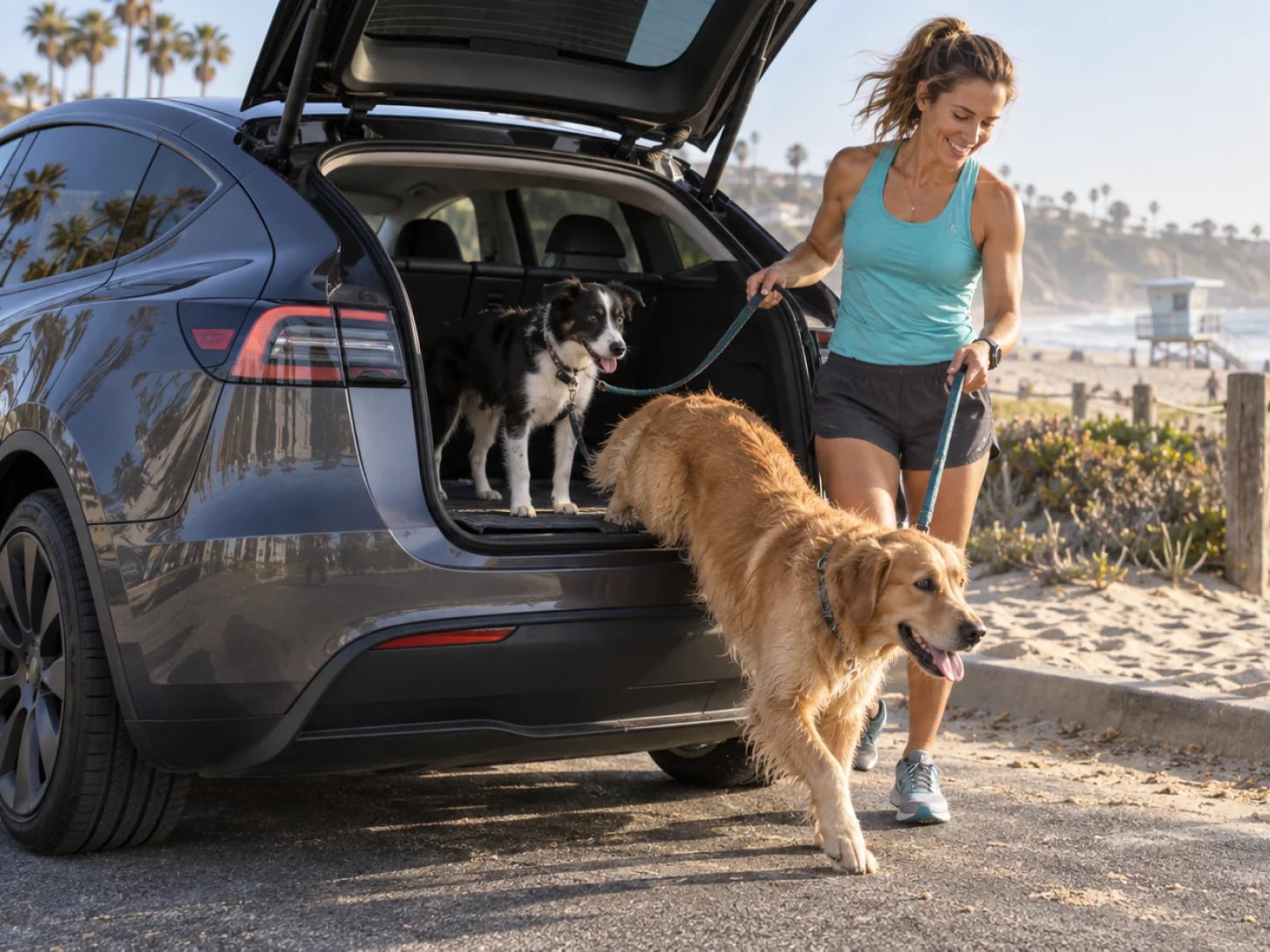 An owner letting two dogs out of her EV at the beach
