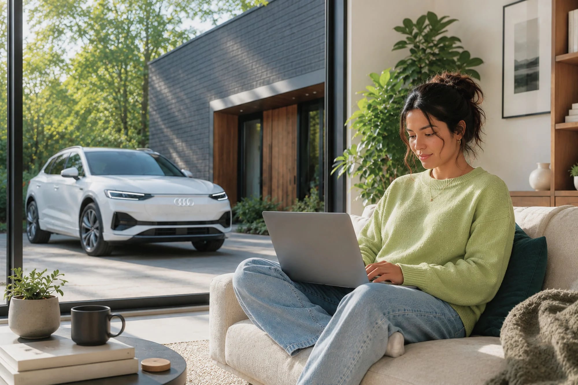 A customer on a couch shopping on a laptop, a white EV in the drive outside