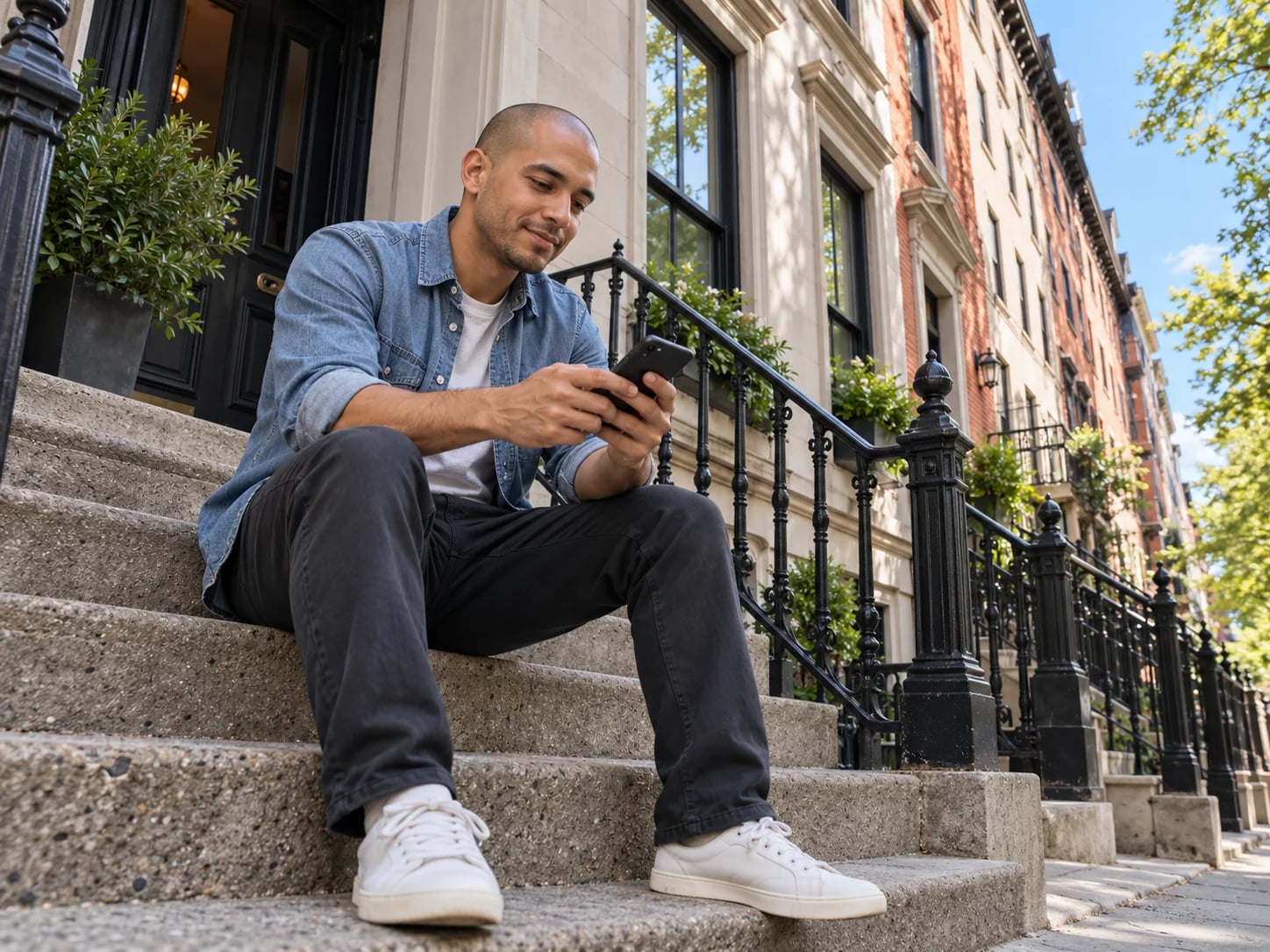 A customer sitting on brownstone front steps, checking a phone