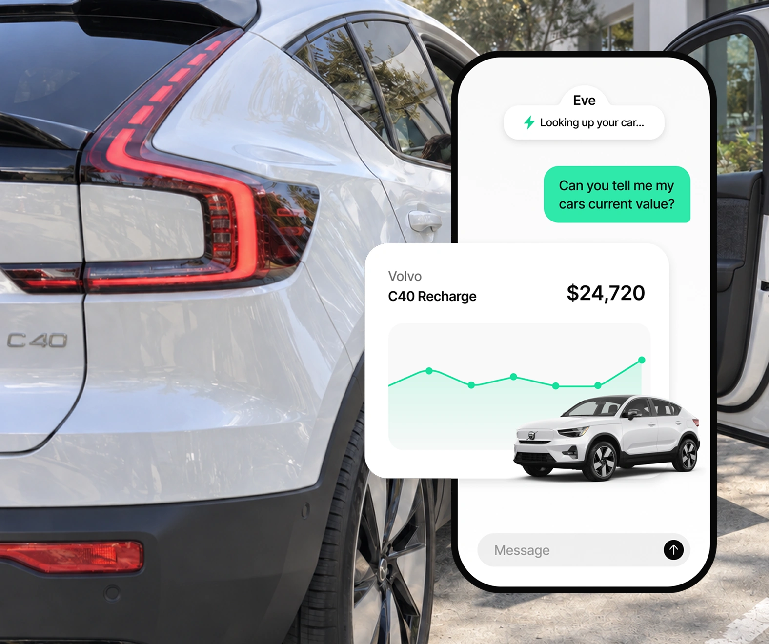 A white Volvo C40 parked at the curb, and beside it the phone asking what it is worth right now: Eve looking up the car, then the card that answers with $24,720 over a line that rises across the last few months.